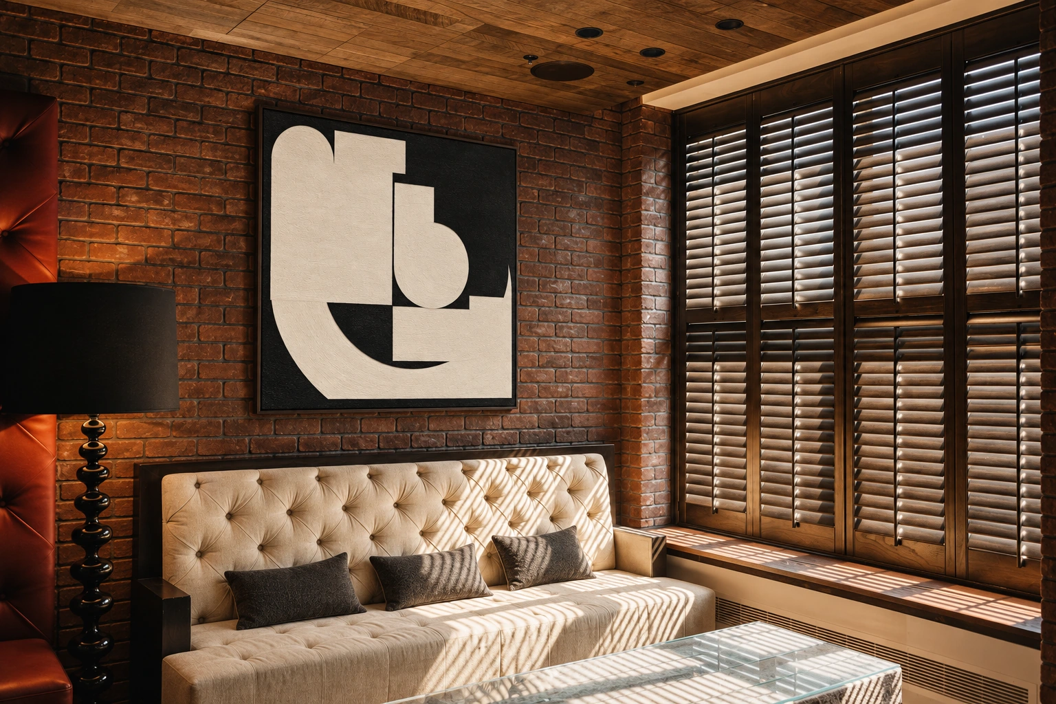 Courbe d’Ivoire — salon brique et stores, cadre noir mat.
