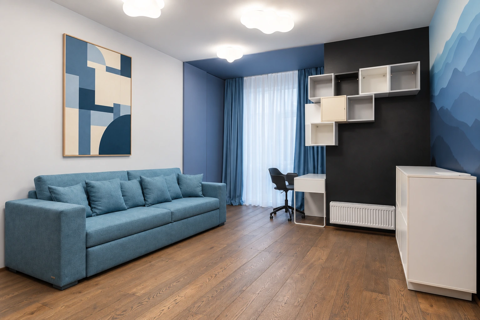 Architecture d’Azur — salon bleu contemporain, cadre bois clair.