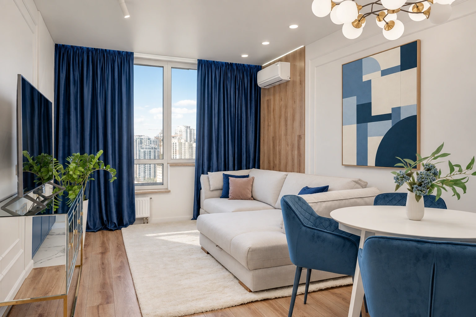 Architecture d’Azur — appartement lumineux aux rideaux bleus, cadre bois clair.