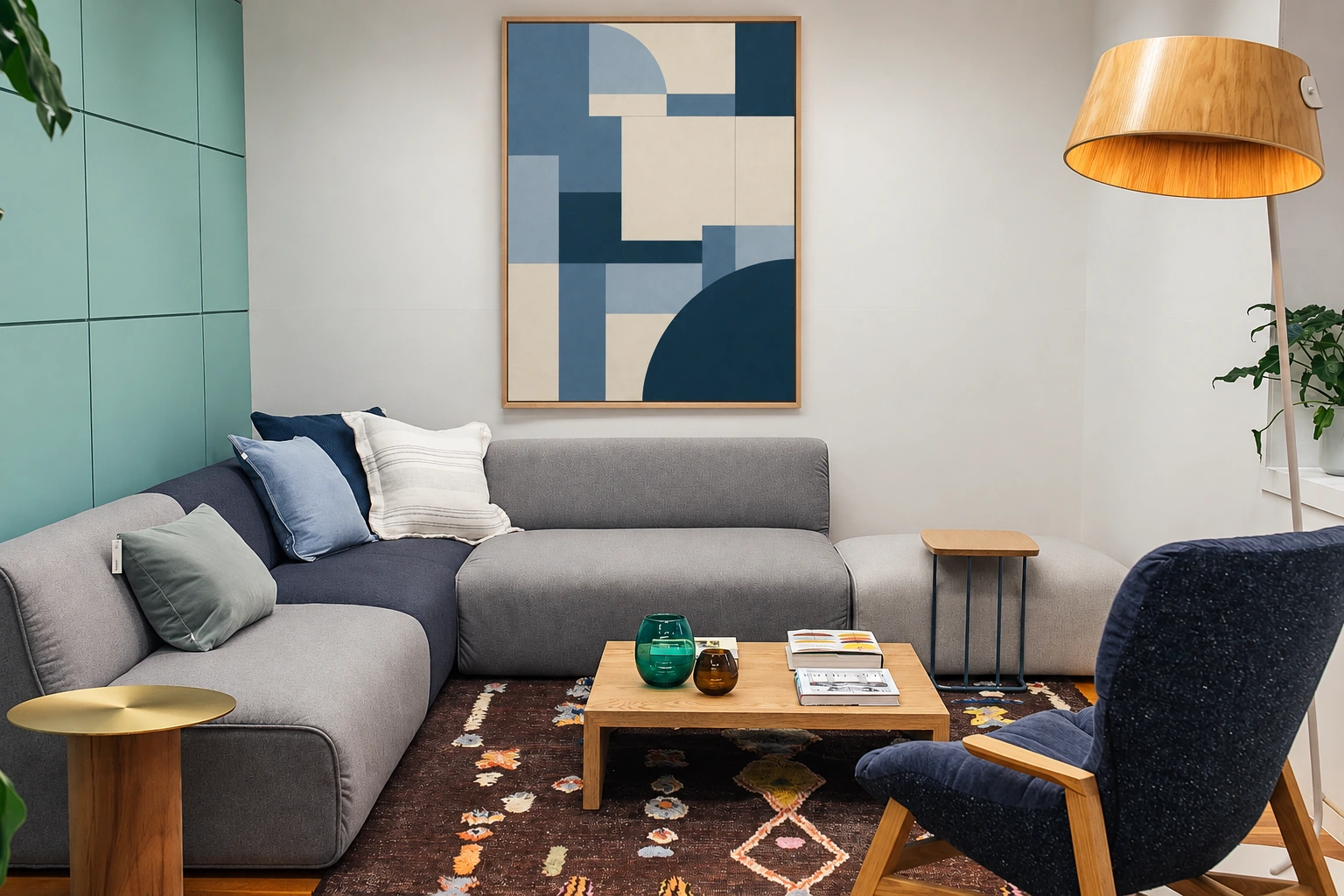 Architecture d’Azur — salon gris et bleu, cadre bois clair.