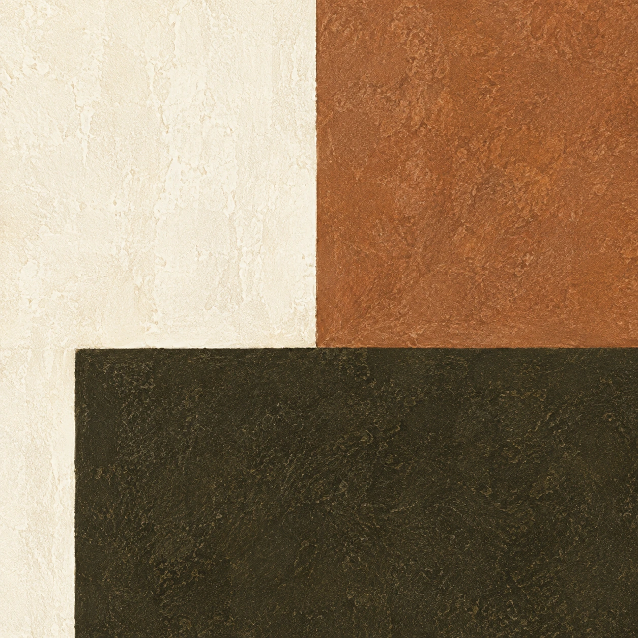 Gros plan sur la texture et la jonction des aplats crème, terre cuite et brun foncé de Passage d’Argile.