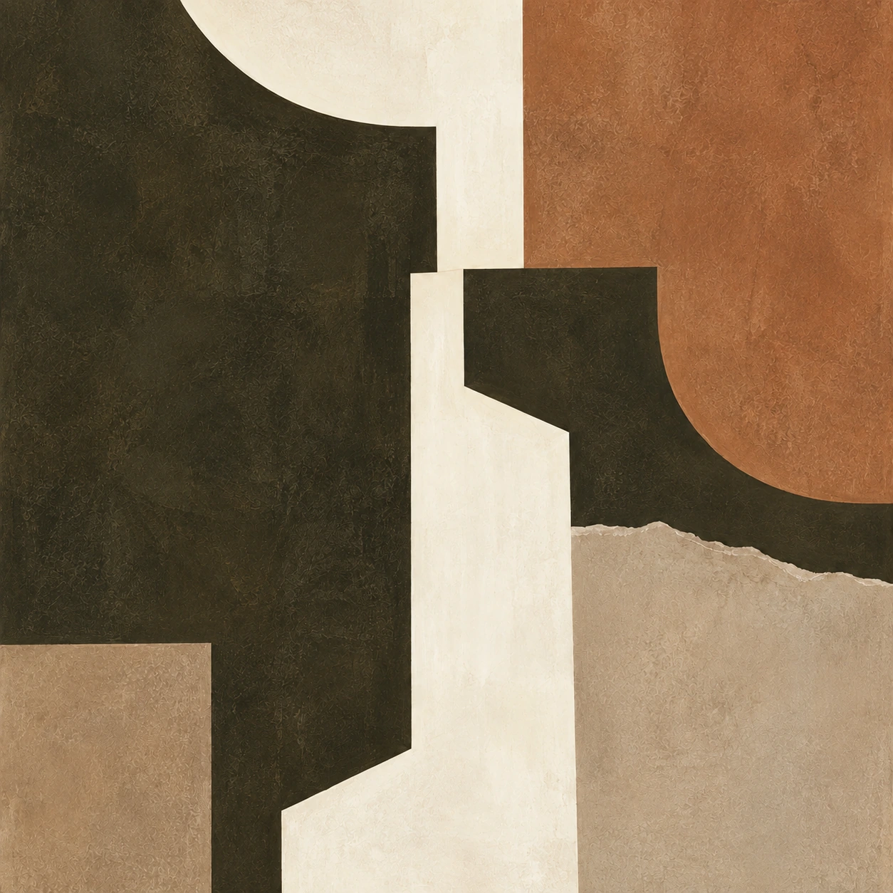 Détail des formes courbes et anguleuses crème, terre cuite et brun foncé de Passage d’Argile.