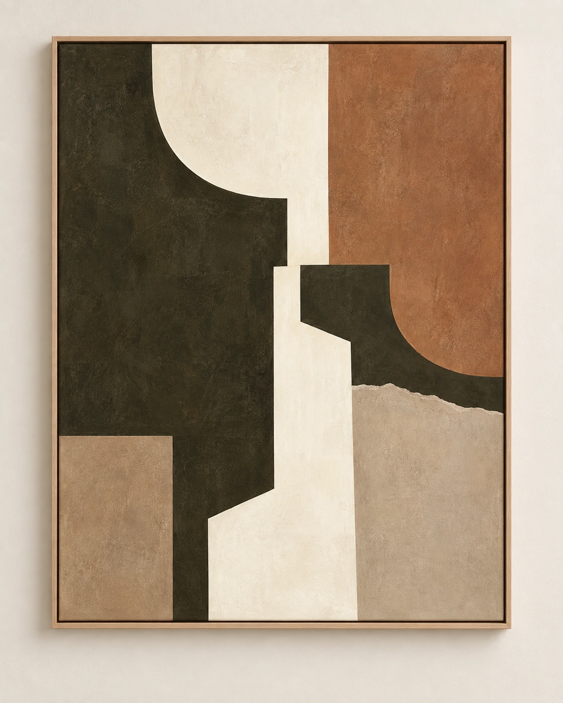 Passage d’Argile, composition abstraite crème, terre cuite et brun foncé dans un cadre en bois clair.
