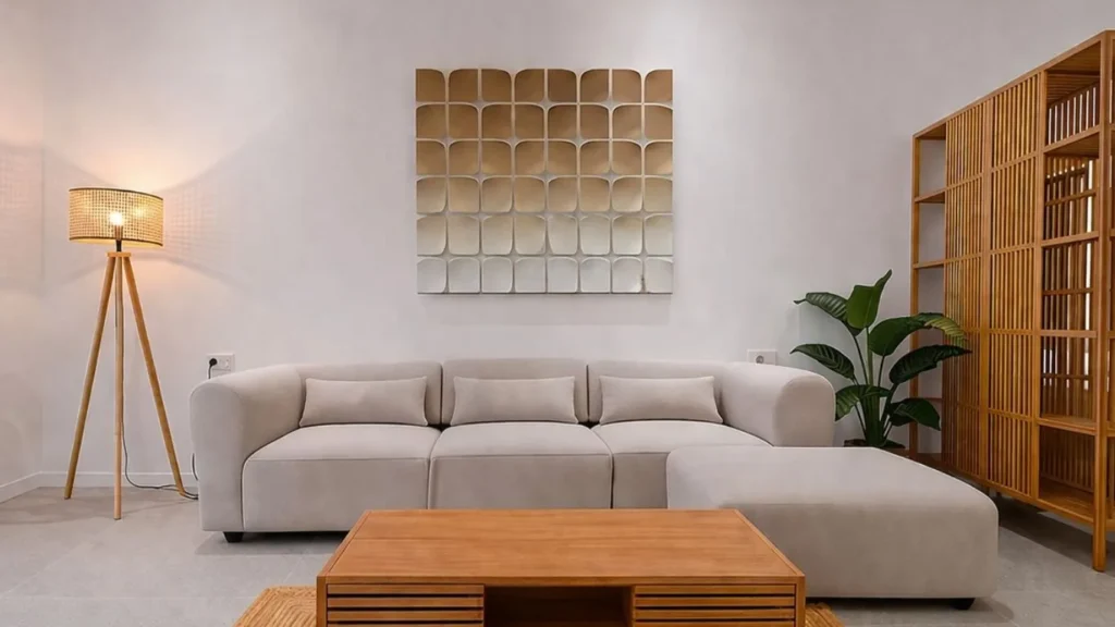 Relief modulaire beige installé au-dessus du canapé