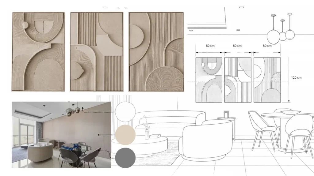 Étude d’implantation du triptyque beige du salon