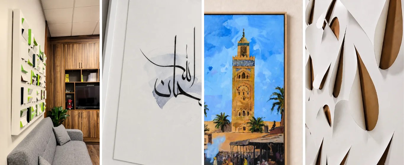 Vue d’ensemble des œuvres sur mesure réalisées pour les bureaux de BSB à Marrakech