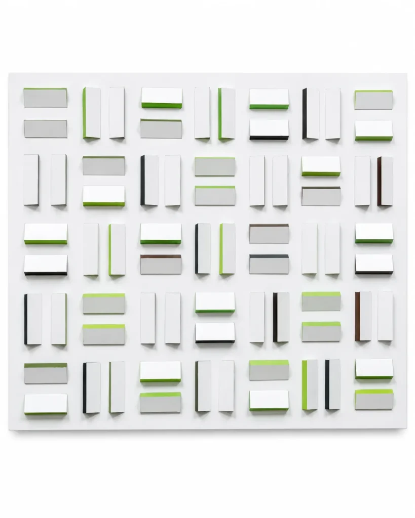 Composition géométrique blanche ponctuée de vert