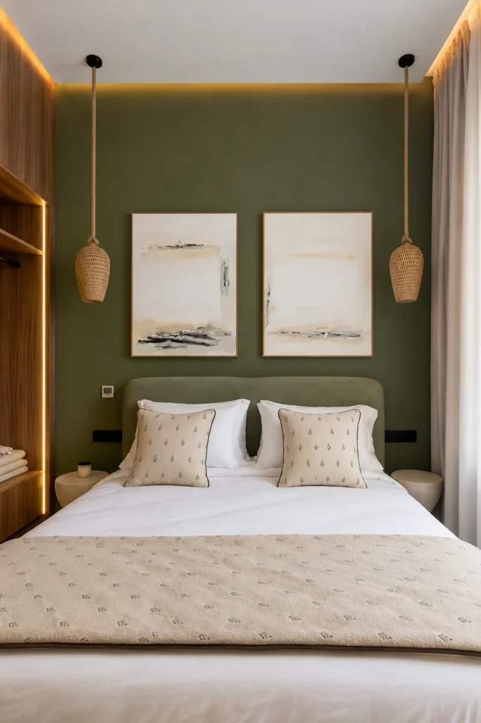 Diptyque Horizons installé sur le mur vert de la chambre de la Villa Marrakech 1