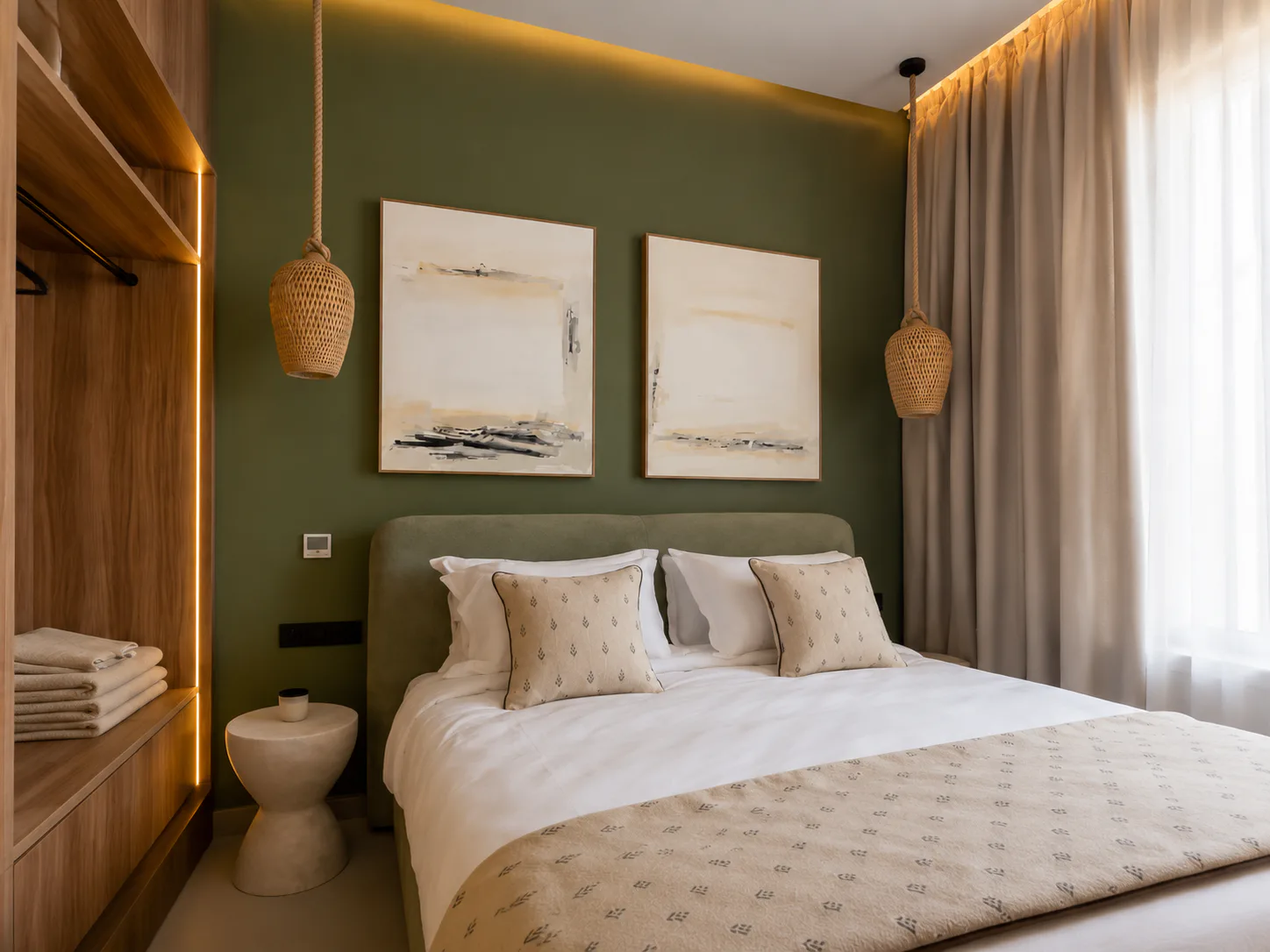 Vue large du diptyque Horizons dans une chambre verte et bois à Marrakech