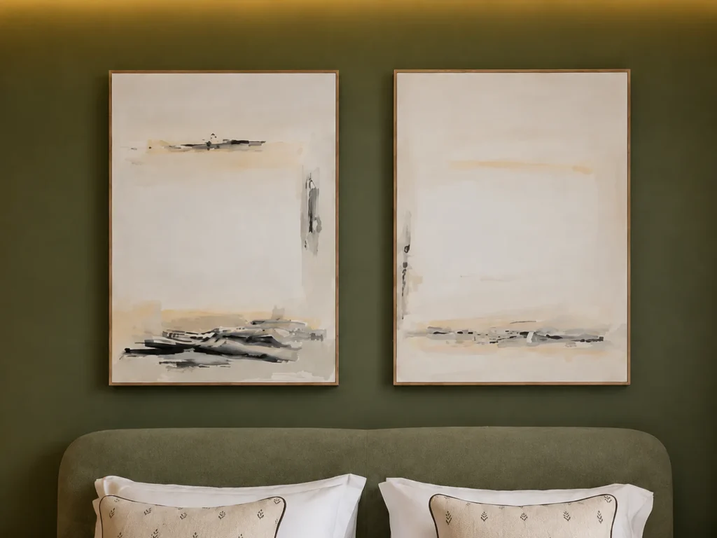 Détail des deux toiles ivoire du diptyque Horizons au-dessus du lit