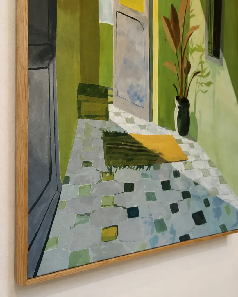 Détail en perspective de Patio vert, peinture aux motifs végétaux et minéraux