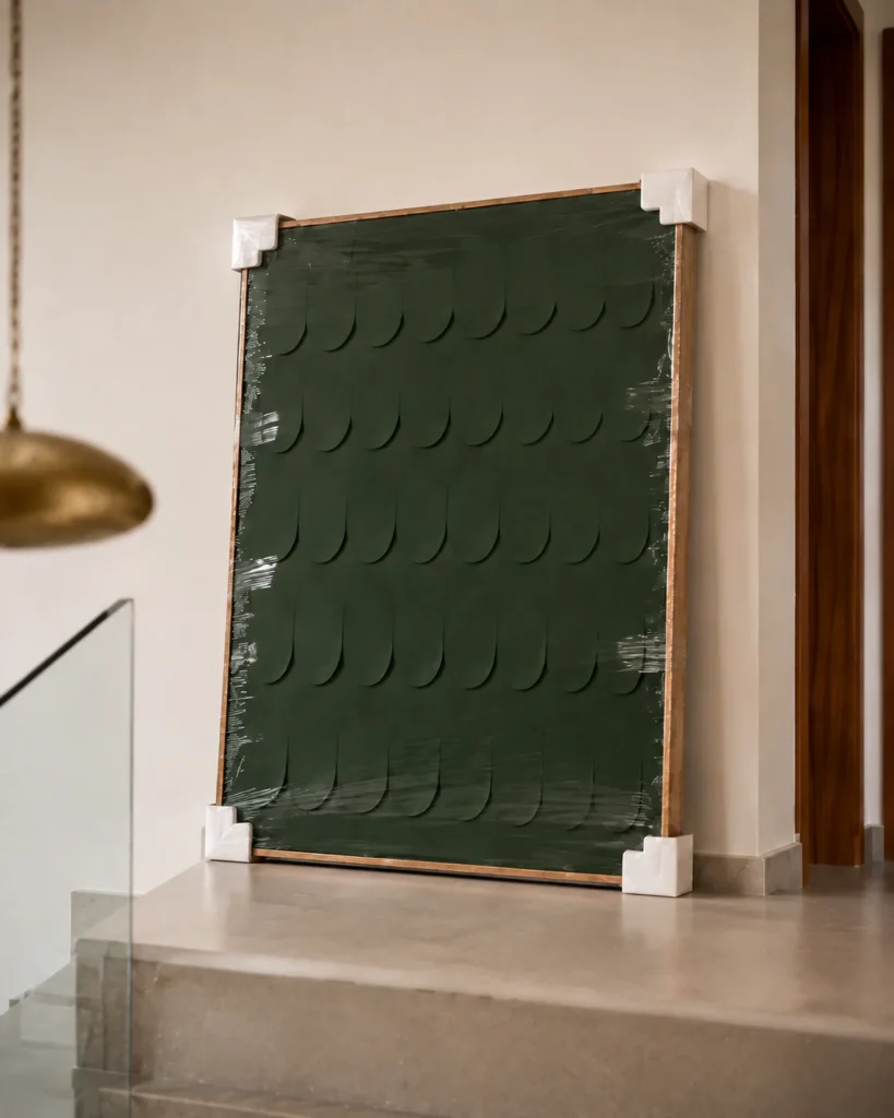 Détail de la surface sculptée et peinte en vert de Rythme végétal