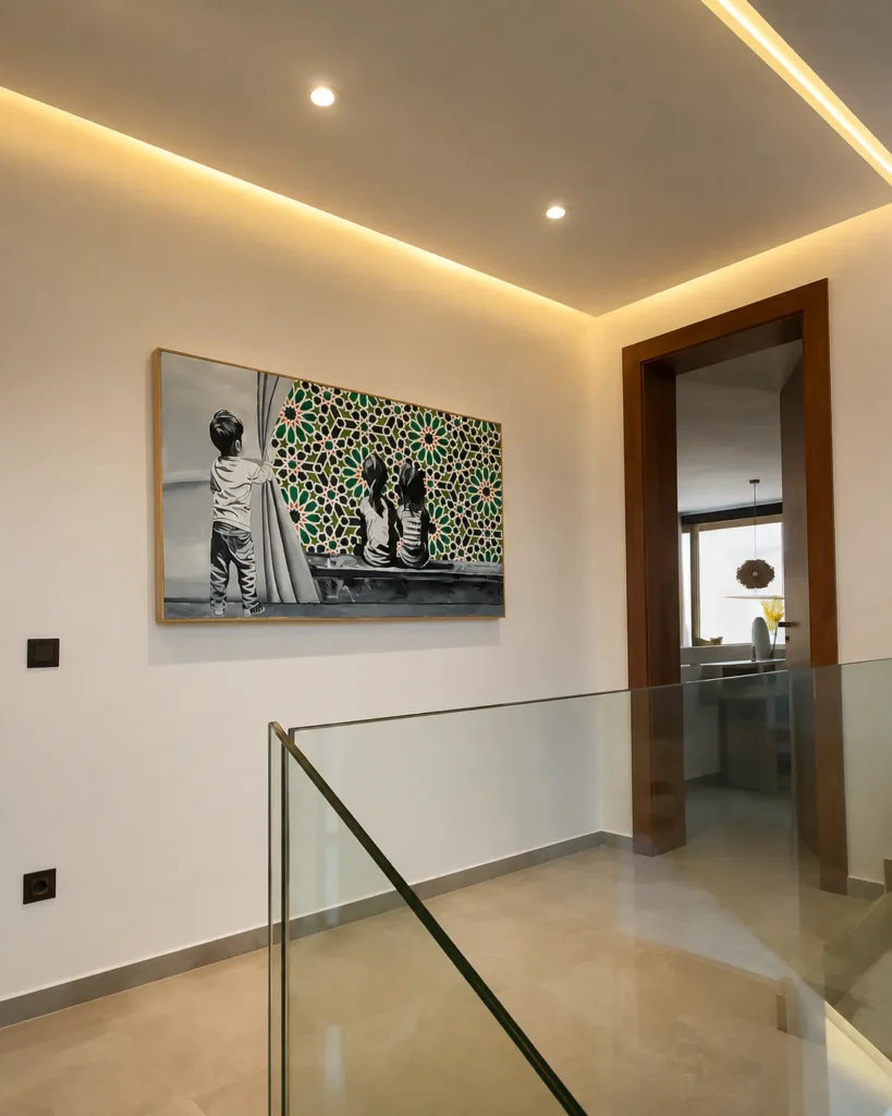 Œuvre Transmission installée sur un palier aux garde-corps en verre