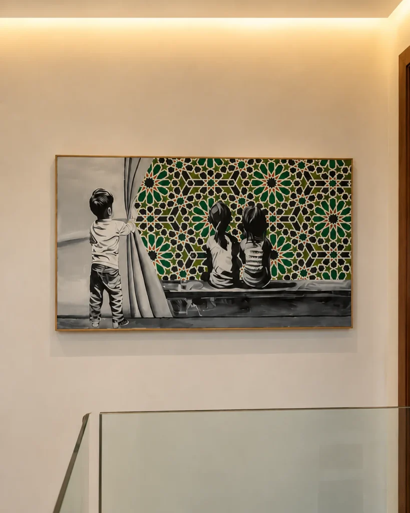 Composition Transmission avec figures monochromes et motif géométrique vert