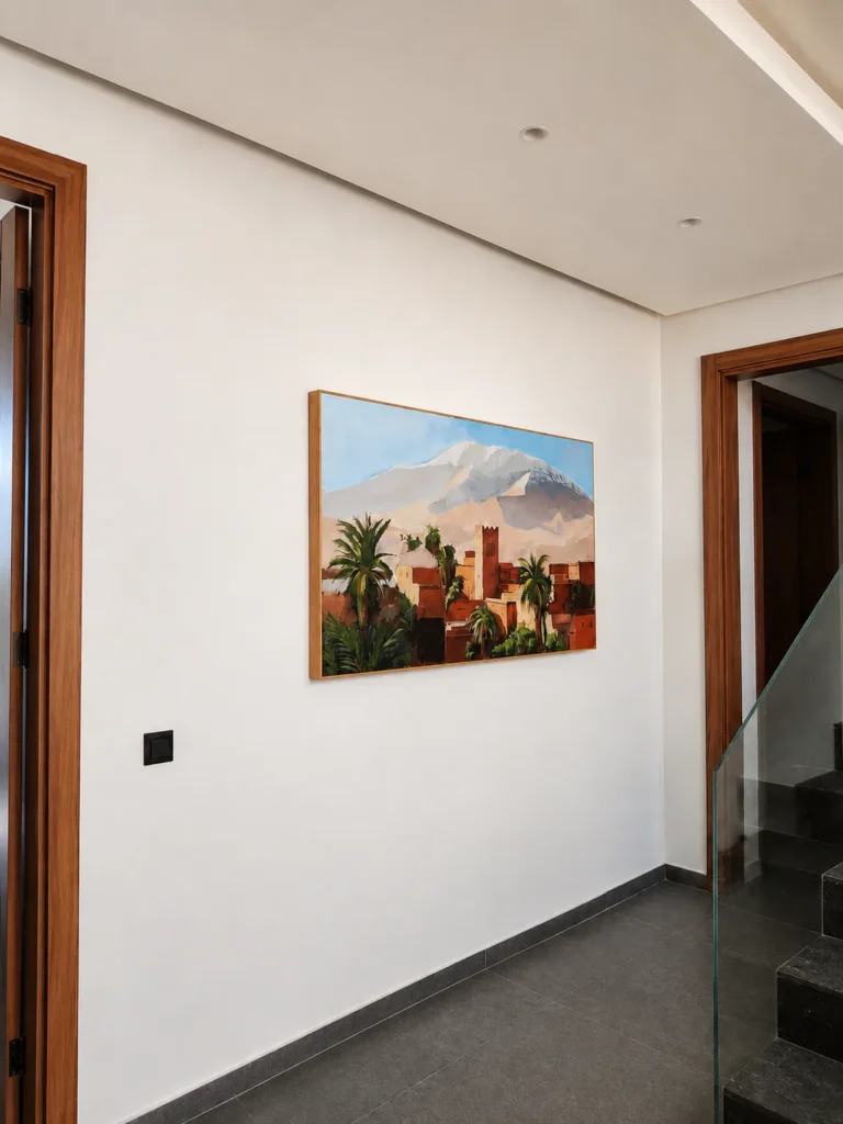 Œuvre Atlas installée au bout d’un couloir lumineux de la villa