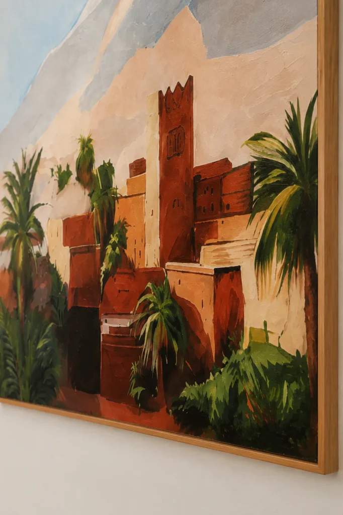 Détail de la palmeraie et des tons terre dans la peinture Atlas
