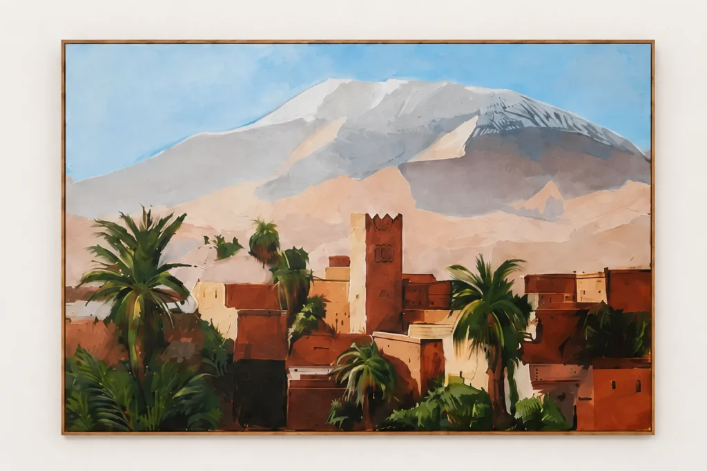 Peinture Atlas représentant Marrakech, la palmeraie et les montagnes