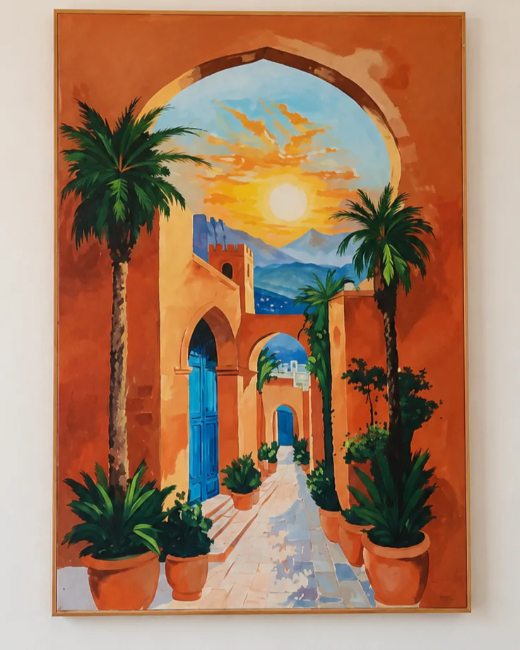 Peinture Passage marocain avec arche, ciel lumineux et végétation