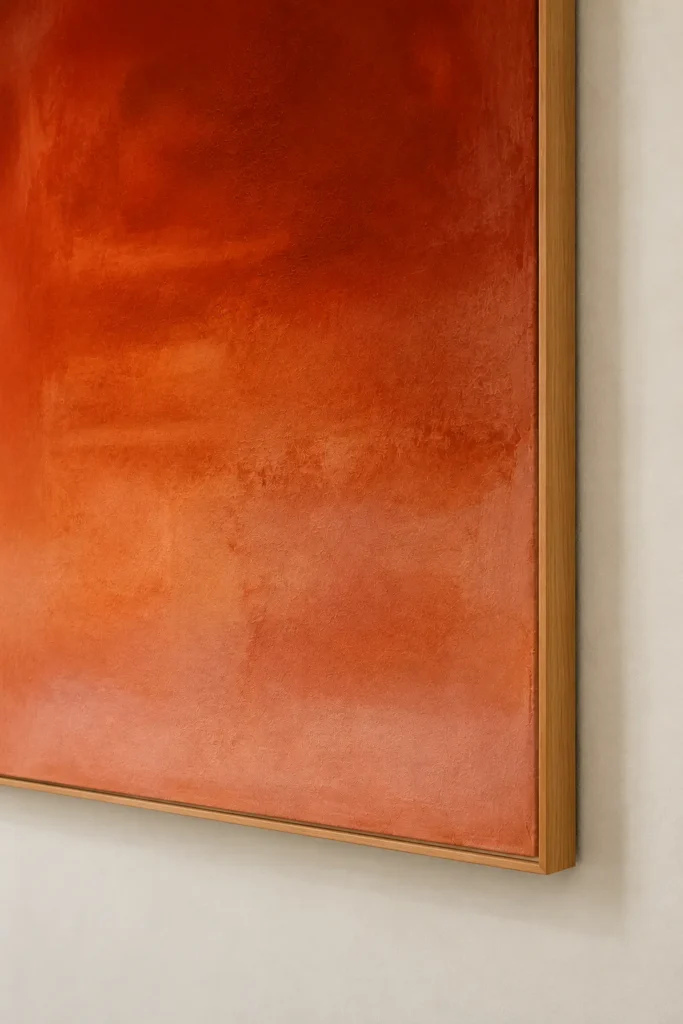 Détail de la matière orangée et du cadre en bois de Terre rouge